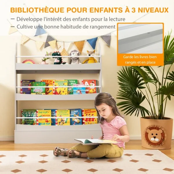 Bibliothèque pour Enfant à 3 Niveaux Anti- Basculement Étagère pour Jouets/ Livres L98 x P14 x H114 cm Gris