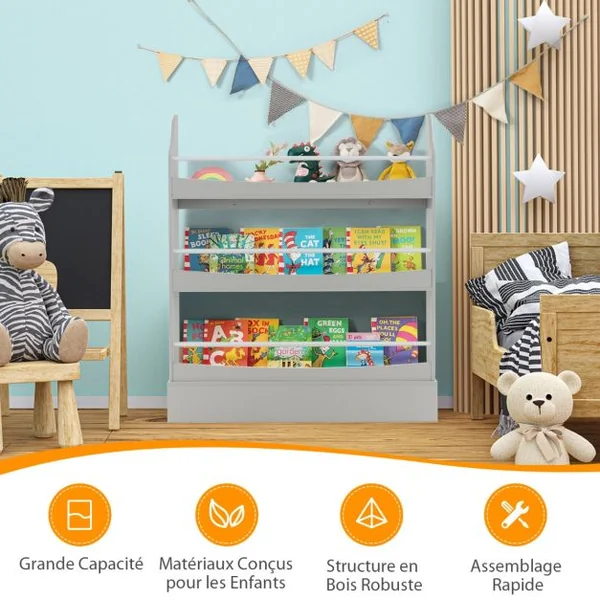 Bibliothèque pour Enfant à 3 Niveaux Anti- Basculement Étagère pour Jouets/ Livres L98 x P14 x H114 cm Gris