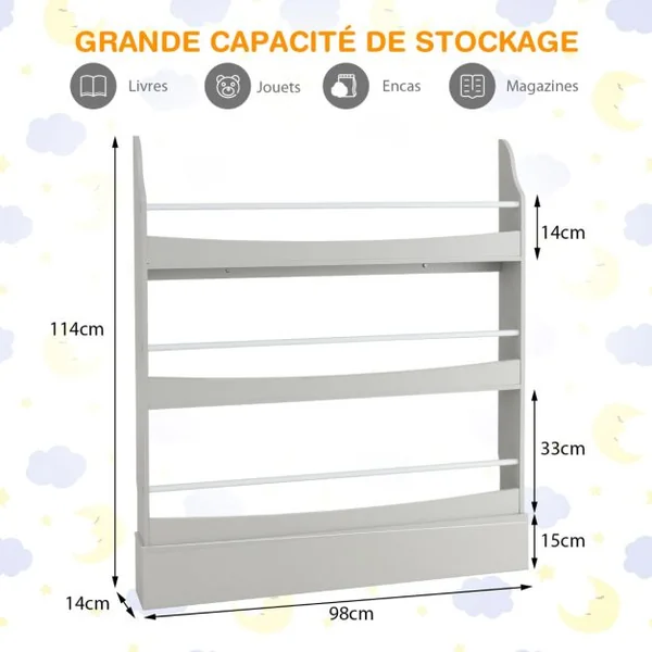 Bibliothèque pour Enfant à 3 Niveaux Anti- Basculement Étagère pour Jouets/ Livres L98 x P14 x H114 cm Gris