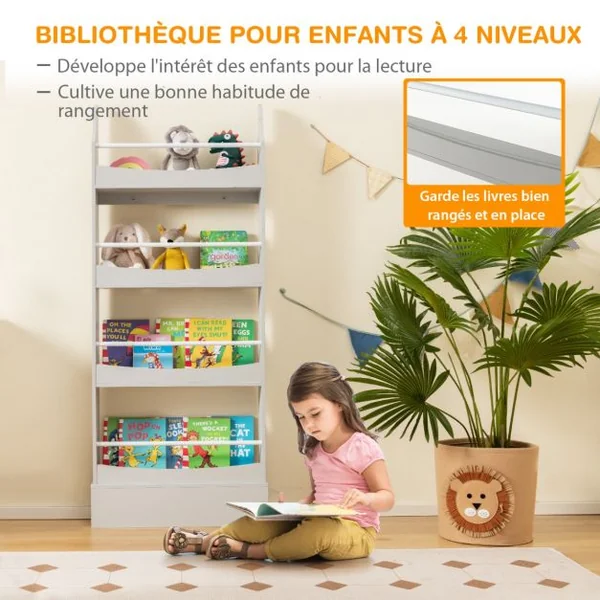 Bibliothèque pour Enfant à 4 Niveaux Anti- Basculement Étagère pour Jouets/ Livres L60 x P14 x H147cm Gris