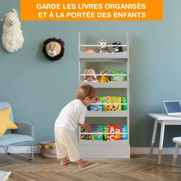 Bibliothèque pour Enfant à 4 Niveaux Anti- Basculement Étagère pour Jouets/ Livres L60 x P14 x H147cm Gris