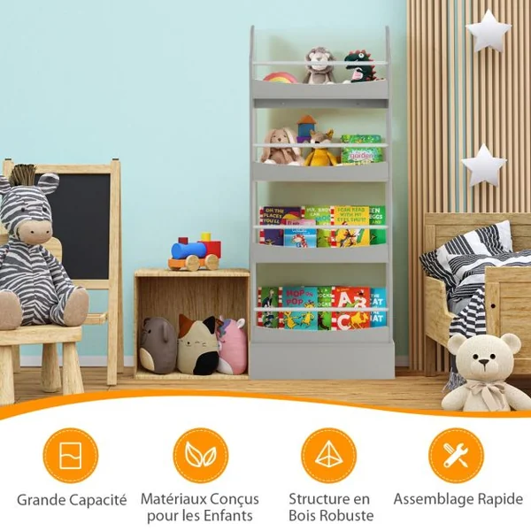 Bibliothèque pour Enfant à 4 Niveaux Anti- Basculement Étagère pour Jouets/ Livres L60 x P14 x H147cm Gris