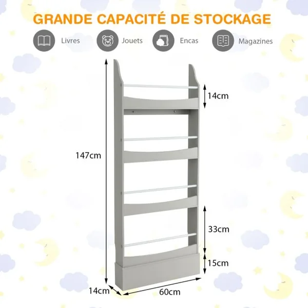 Bibliothèque pour Enfant à 4 Niveaux Anti- Basculement Étagère pour Jouets/ Livres L60 x P14 x H147cm Gris