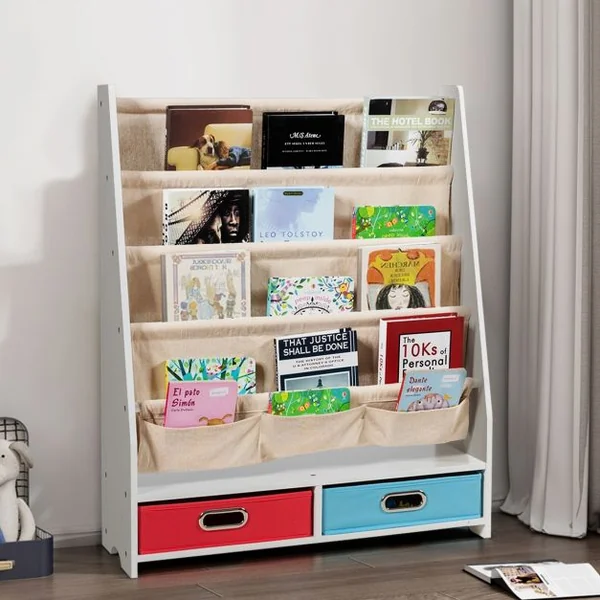 Bibliothèque pour Enfant Étagère de Rangement avec 4 Etagères à Bandoulière et 2 Boîtes pour Jouets Beige