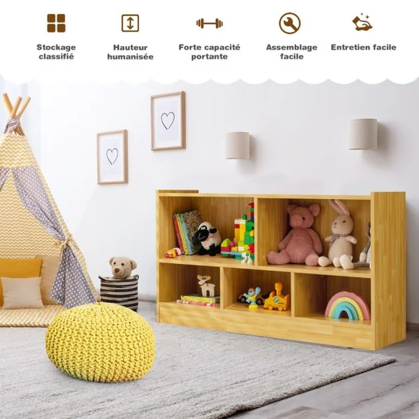 Bibliothèque pour Enfants 111x30x61,5 CM avec 5 Compartiments et Patins Antidérapants pour Jouets Livres Poupées 4 Couleurs au Choix