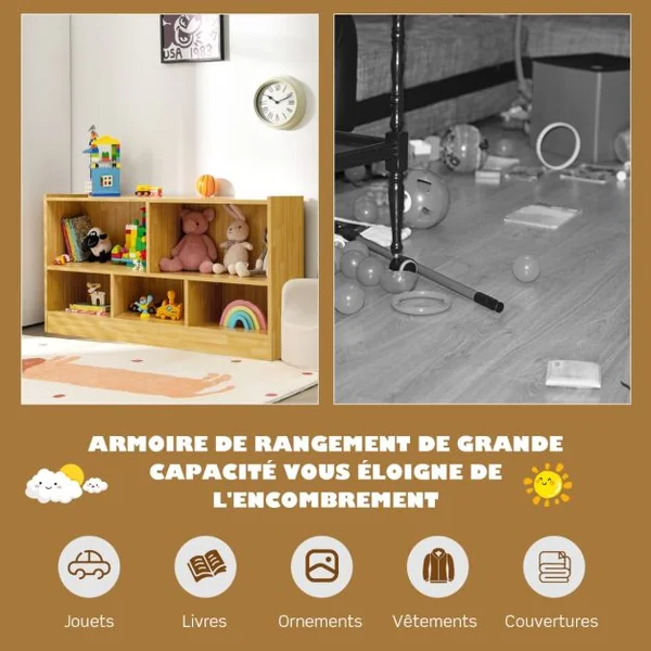 Bibliothèque pour Enfants 111x30x61,5 CM avec 5 Compartiments et Patins Antidérapants pour Jouets Livres Poupées 4 Couleurs au Choix