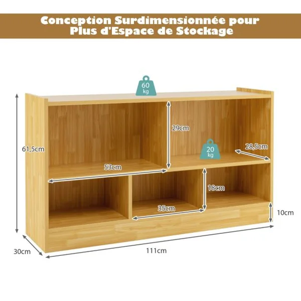 Bibliothèque pour Enfants 111x30x61,5 CM avec 5 Compartiments et Patins Antidérapants pour Jouets Livres Poupées 4 Couleurs au Choix