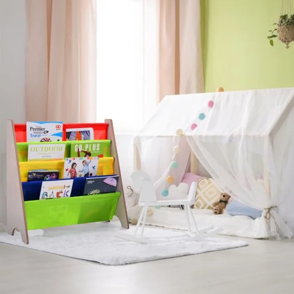Bibliothèque pour Enfants 4 Compartiments Bibliothèque Porte-revues Etagère à Livres en Bois, 62x26x60cm, Naturel