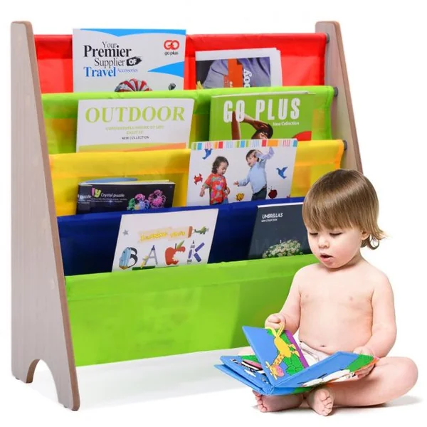 Bibliothèque pour Enfants 4 Compartiments Bibliothèque Porte-revues Etagère à Livres en Bois, 62x26x60cm, Naturel
