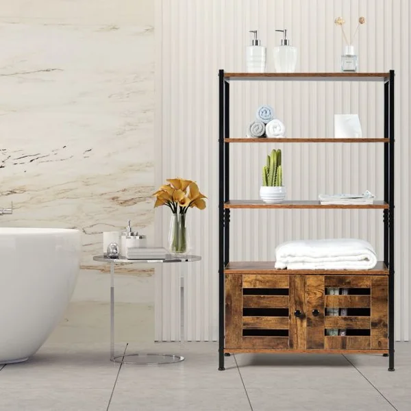 Bibliothèque Rétro avec 3 Etagères et 2 Portes à Volets Style Industrielle 70x30x121cm