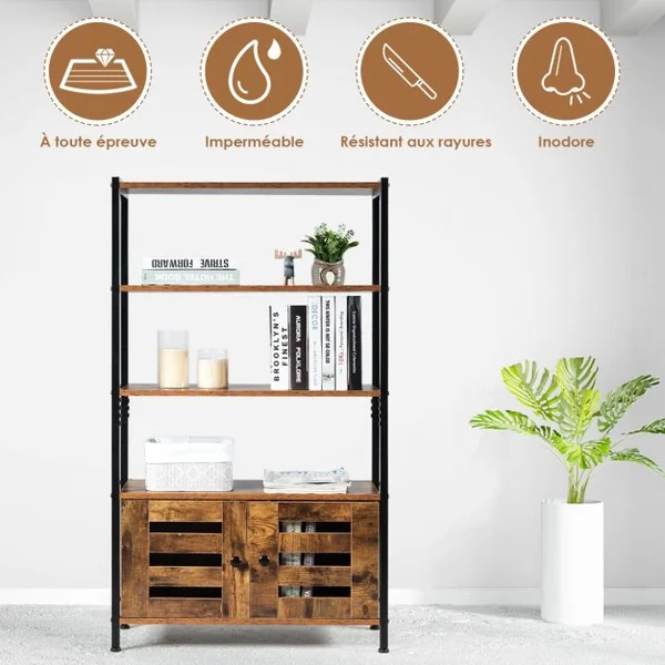 Bibliothèque Rétro avec 3 Etagères et 2 Portes à Volets Style Industrielle 70x30x121cm