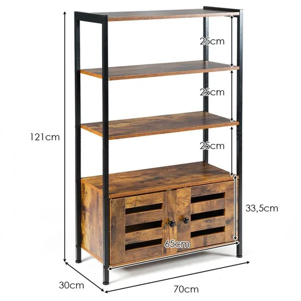 Bibliothèque Rétro avec 3 Etagères et 2 Portes à Volets Style Industrielle 70x30x121cm