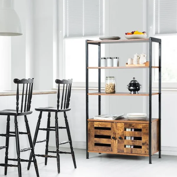 Bibliothèque Rétro avec 3 Etagères et 2 Portes à Volets Style Industrielle 70x30x121cm