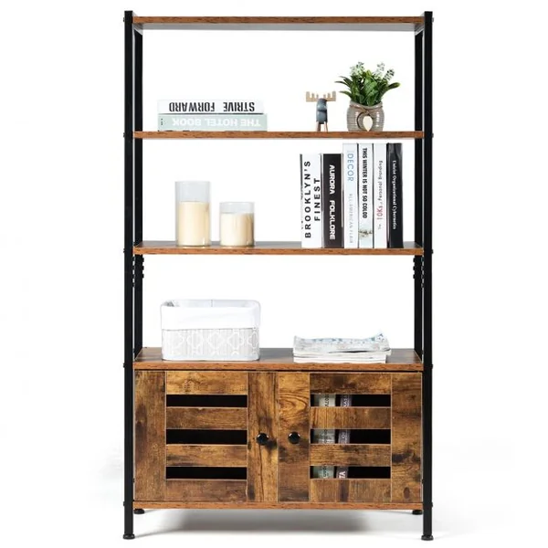 Bibliothèque Rétro avec 3 Etagères et 2 Portes à Volets Style Industrielle 70x30x121cm