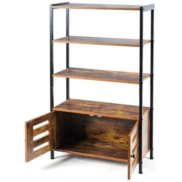 Bibliothèque Rétro avec 3 Etagères et 2 Portes à Volets Style Industrielle 70x30x121cm