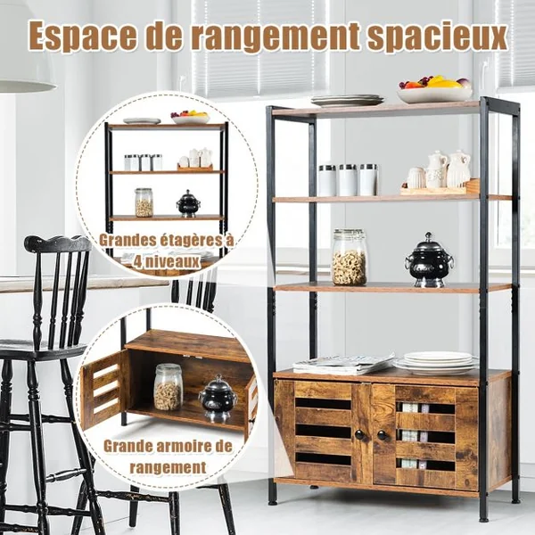 Bibliothèque Rétro avec 3 Etagères et 2 Portes à Volets Style Industrielle 70x30x121cm