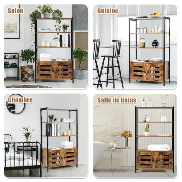 Bibliothèque Rétro avec 3 Etagères et 2 Portes à Volets Style Industrielle 70x30x121cm