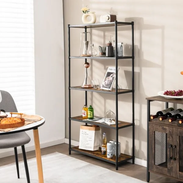 Bibliothèque Style Industriel à 5 Niveaux 80x29x154CM Étagère de Rangement avec Dispositifs Anti-basculement Pieds Réglables Noir