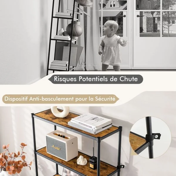Bibliothèque Style Industriel à 5 Niveaux 80x29x154CM Étagère de Rangement avec Dispositifs Anti-basculement Pieds Réglables Noir