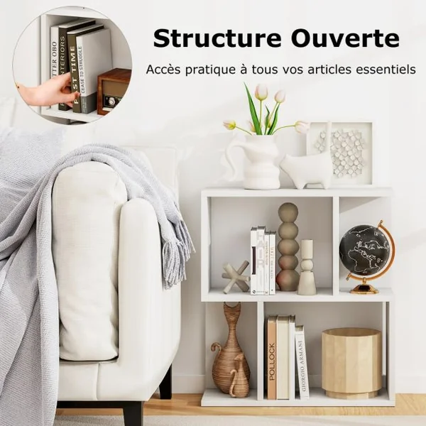 Bibliothèque à 3 Niveaux Etagère de Présentation pour Petit Espace Table d'Appoint Autoportante Blanc