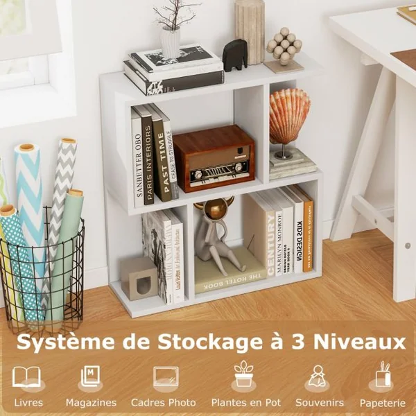 Bibliothèque à 3 Niveaux Etagère de Présentation pour Petit Espace Table d'Appoint Autoportante Blanc