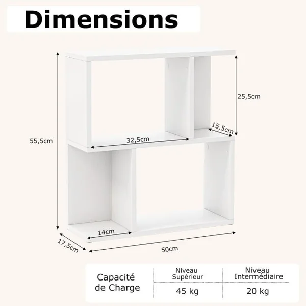 Bibliothèque à 3 Niveaux Etagère de Présentation pour Petit Espace Table d'Appoint Autoportante Blanc