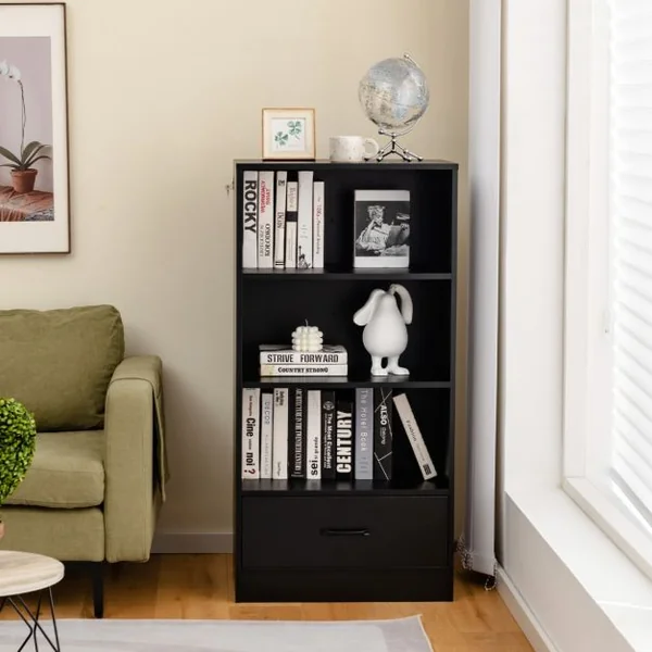 Bibliothèque à 4 Niveaux 60 x 38 x 120 CM Tiroir Dispositif Anti-basculement Meuble/Étagère de Rangement Noir/Blanc/Gris