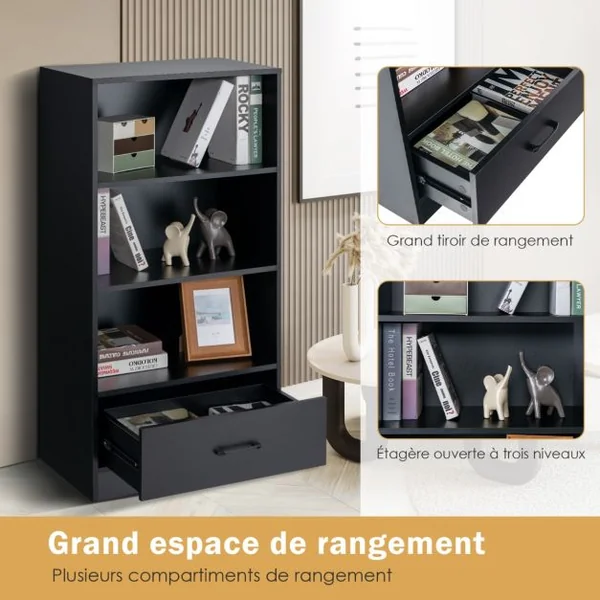 Bibliothèque à 4 Niveaux 60 x 38 x 120 CM Tiroir Dispositif Anti-basculement Meuble/Étagère de Rangement Noir/Blanc/Gris