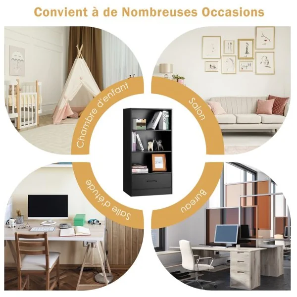 Bibliothèque à 4 Niveaux 60 x 38 x 120 CM Tiroir Dispositif Anti-basculement Meuble/Étagère de Rangement Noir/Blanc/Gris