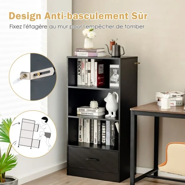 Bibliothèque à 4 Niveaux 60 x 38 x 120 CM Tiroir Dispositif Anti-basculement Meuble/Étagère de Rangement Noir/Blanc/Gris