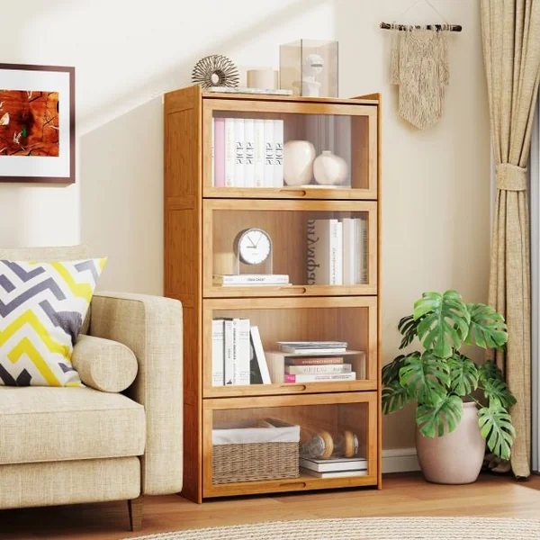 Bibliothèque à 4 Niveaux avec Portes Étagère en Bambou de 140 cm avec Portes en Acrylique Transparent Meuble de Rangement Autonome Marron
