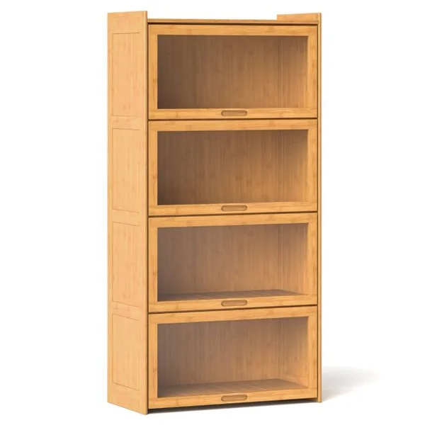 Bibliothèque à 4 Niveaux avec Portes Étagère en Bambou de 140 cm avec Portes en Acrylique Transparent Meuble de Rangement Autonome Marron