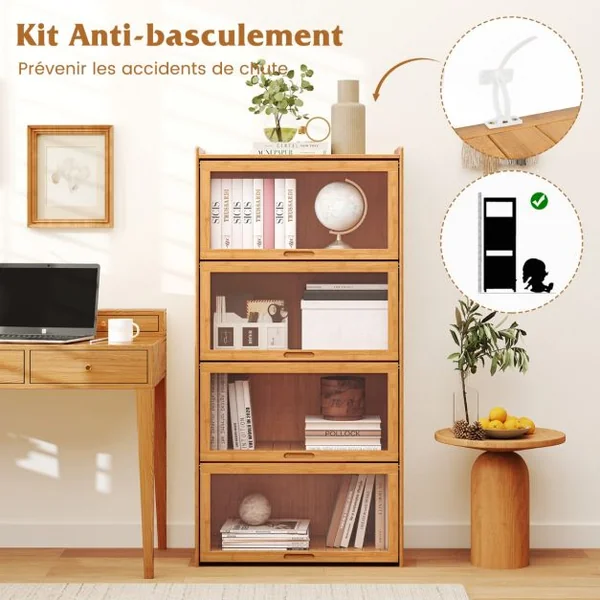 Bibliothèque à 4 Niveaux avec Portes Étagère en Bambou de 140 cm avec Portes en Acrylique Transparent Meuble de Rangement Autonome Marron