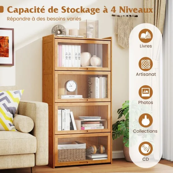 Bibliothèque à 4 Niveaux avec Portes Étagère en Bambou de 140 cm avec Portes en Acrylique Transparent Meuble de Rangement Autonome Marron