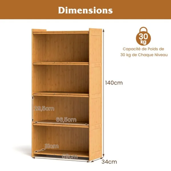 Bibliothèque à 4 Niveaux avec Portes Étagère en Bambou de 140 cm avec Portes en Acrylique Transparent Meuble de Rangement Autonome Marron