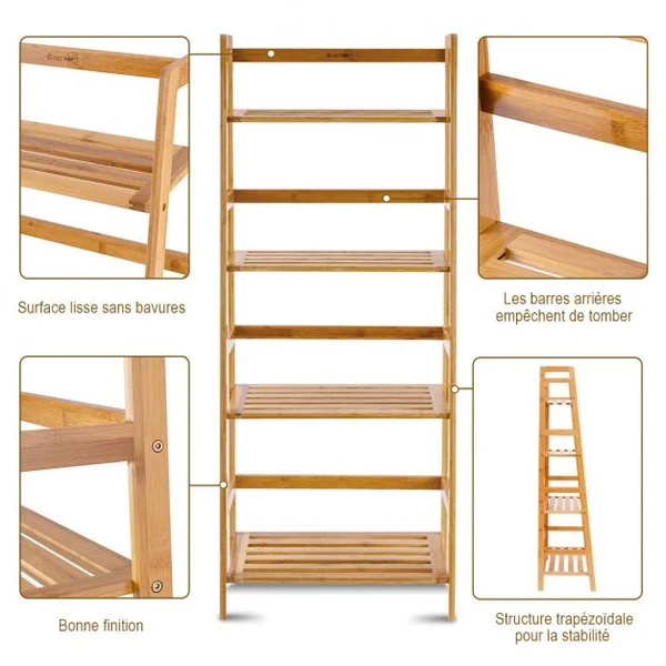 Bibliothèque à 4 Étagères pour Rangement Étagère à Chaussures en Échelle Capacité 80kg en Bambou 48x31x120cm Naturel