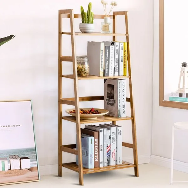 Bibliothèque à 4 Étagères pour Rangement Étagère à Chaussures en Échelle Capacité 80kg en Bambou 48x31x120cm Naturel
