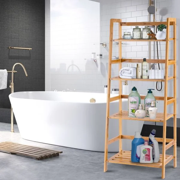 Bibliothèque à 4 Étagères pour Rangement Étagère à Chaussures en Échelle Capacité 80kg en Bambou 48x31x120cm Naturel