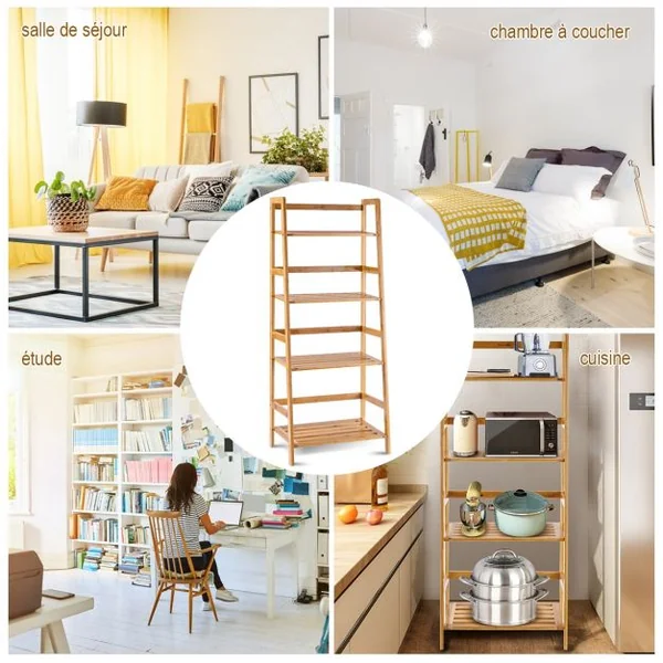 Bibliothèque à 4 Étagères pour Rangement Étagère à Chaussures en Échelle Capacité 80kg en Bambou 48x31x120cm Naturel