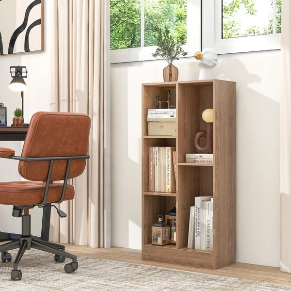 Bibliothèque à 5 Cases Meuble de Rangement Autoportant avec 2 Kits Anti-basculement Etagère d'Affichage en Bois de 50 cm Blanc/Naturel