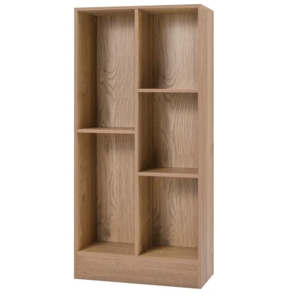 Bibliothèque à 5 Cases Meuble de Rangement Autoportant avec 2 Kits Anti-basculement Etagère d'Affichage en Bois de 50 cm Blanc/Naturel