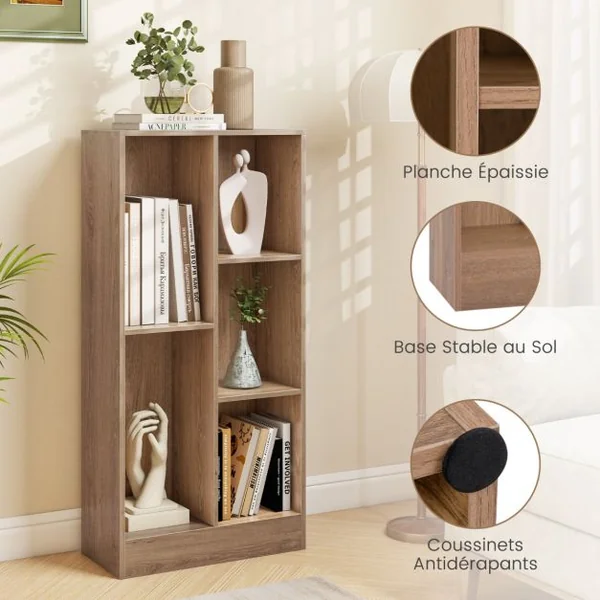 Bibliothèque à 5 Cases Meuble de Rangement Autoportant avec 2 Kits Anti-basculement Etagère d'Affichage en Bois de 50 cm Blanc/Naturel