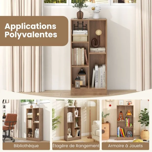 Bibliothèque à 5 Cases Meuble de Rangement Autoportant avec 2 Kits Anti-basculement Etagère d'Affichage en Bois de 50 cm Blanc/Naturel