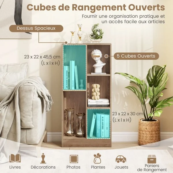 Bibliothèque à 5 Cases Meuble de Rangement Autoportant avec 2 Kits Anti-basculement Etagère d'Affichage en Bois de 50 cm Blanc/Naturel