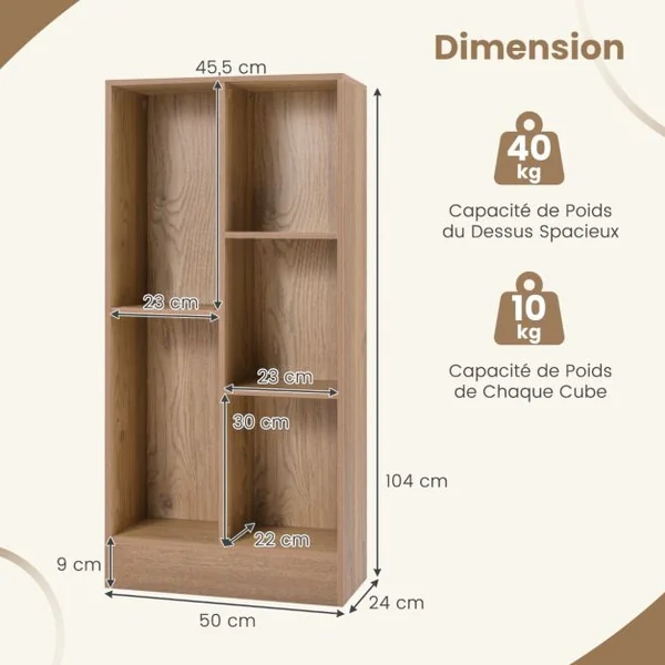 Bibliothèque à 5 Cases Meuble de Rangement Autoportant avec 2 Kits Anti-basculement Etagère d'Affichage en Bois de 50 cm Blanc/Naturel