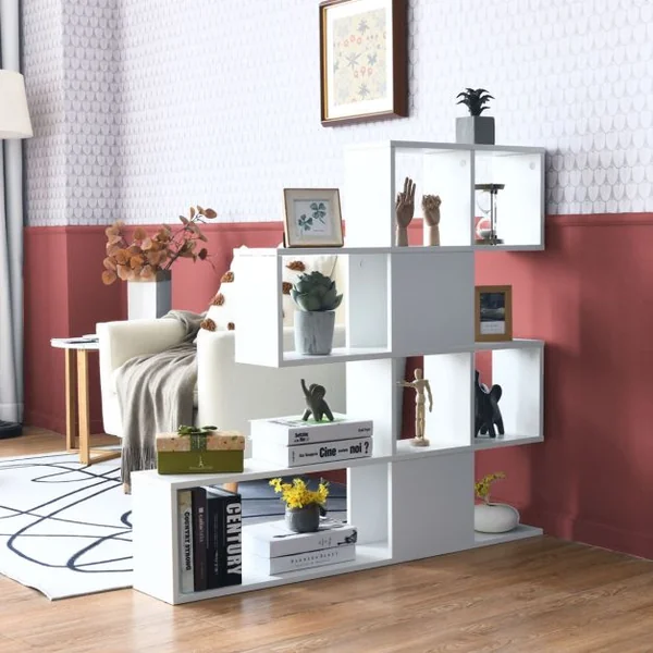 Bibliothèque à 5 Niveaux 120x19,5x109 CM Étagère de Rangement avec Dispositif Anti-basculement et Patins Antidérapants Blanc et Noir/Blanc/Café