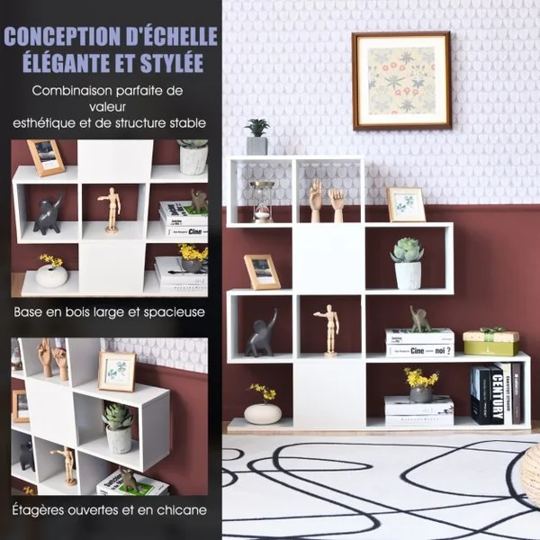Bibliothèque à 5 Niveaux 120x19,5x109 CM Étagère de Rangement avec Dispositif Anti-basculement et Patins Antidérapants Blanc et Noir/Blanc/Café