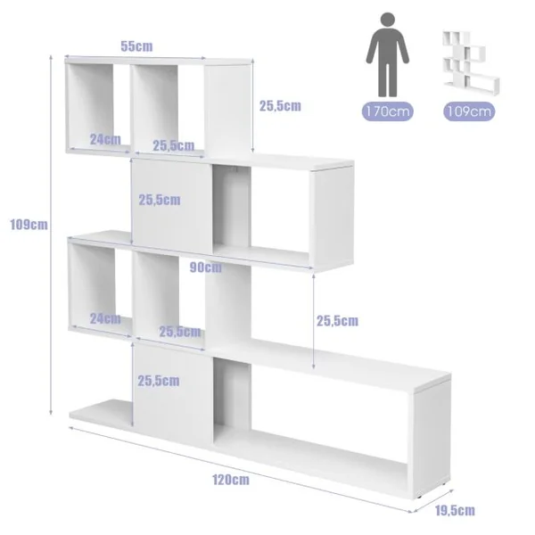 Bibliothèque à 5 Niveaux 120x19,5x109 CM Étagère de Rangement avec Dispositif Anti-basculement et Patins Antidérapants Blanc et Noir/Blanc/Café