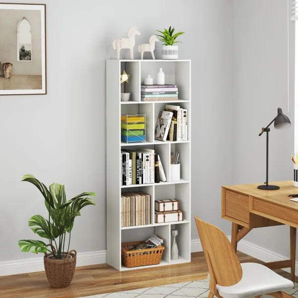 Bibliothèque à 5 Niveaux Etagère de Rangement en Bois avec 10 Compartiments Séparateur de Pièce au Sol Blanc