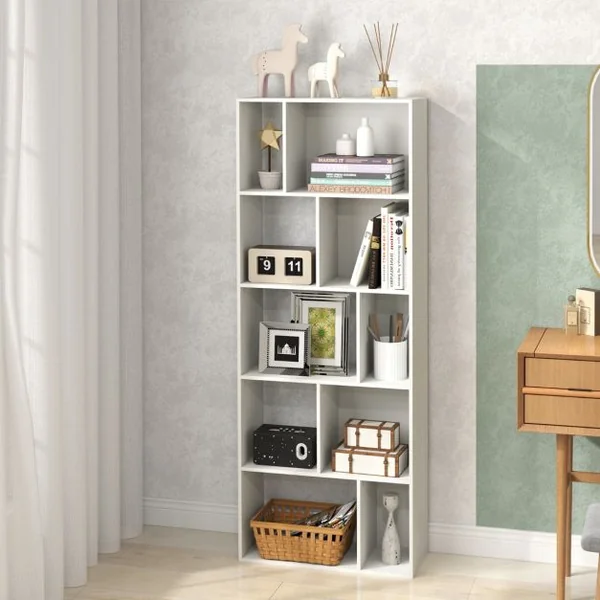 Bibliothèque à 5 Niveaux Etagère de Rangement en Bois avec 10 Compartiments Séparateur de Pièce au Sol Blanc